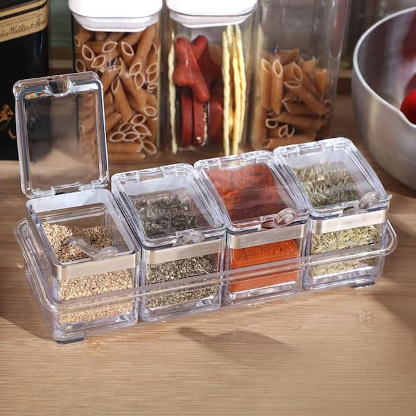 8-Piece Acrylic and Stainless Steel Spice Box Set with Spoons, Trays, 10 oz Capacity, BPA-Free, Easy to Clean, in Clear