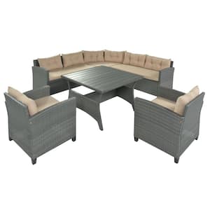 6-Piece Gray Wicker Outdoor Patio Sectional Sofa Set with CushionGuard Tan Cushions and Plywood Table
