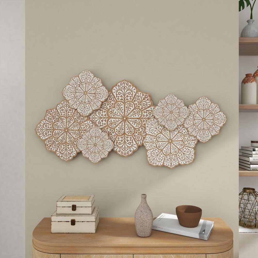 White and Natural Wood Intricately Carved Floral Wall Decor