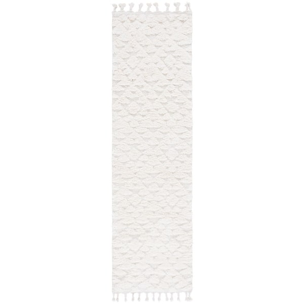 Moroccan Tassel Shag 2 ft. x 12 ft. Ivory High-Low Geometric Fringe Runner Rug
