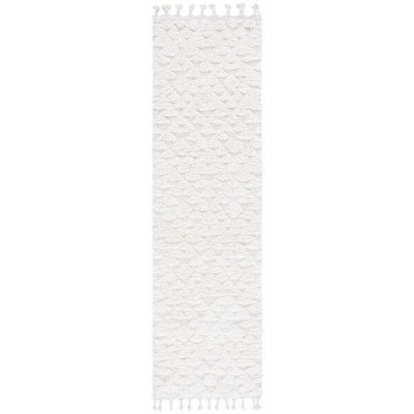 Moroccan Tassel Shag 2 ft. x 14 ft. Ivory High-Low Geometric Fringe Runner Rug