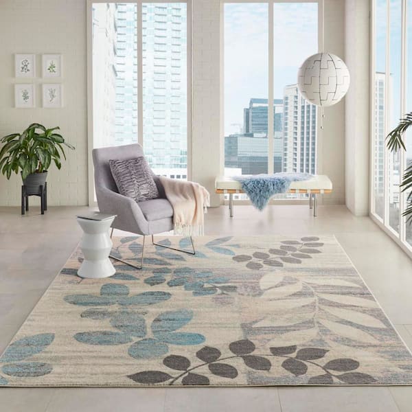 Tranquil Ivory/Light Blue 9 ft. x 12 ft. Floral Contemporary Area Rug
