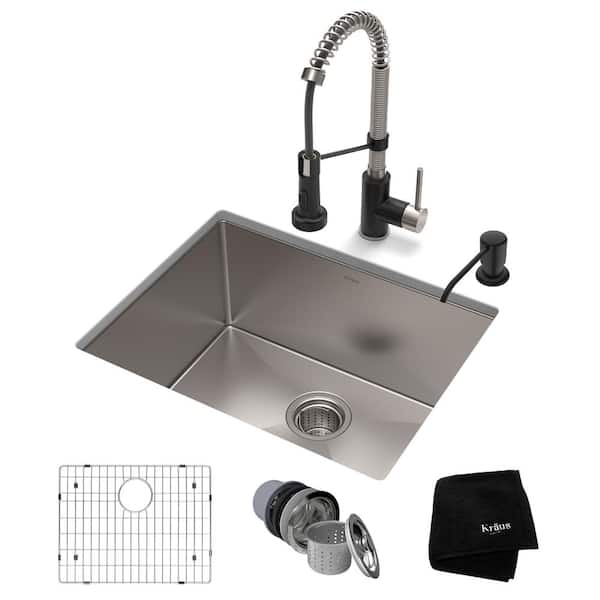 KRAUS Standart PRO 23 in. Undermount Single Bowl 16 Gauge Stainless Steel Kitchen Sink w/Faucet in Stainless Steel Matte Black