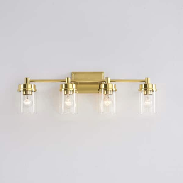 KAWOTI 29.8 in. 4-Light Antique Brass Bathroom Vanity Light with Clear Glass Shade