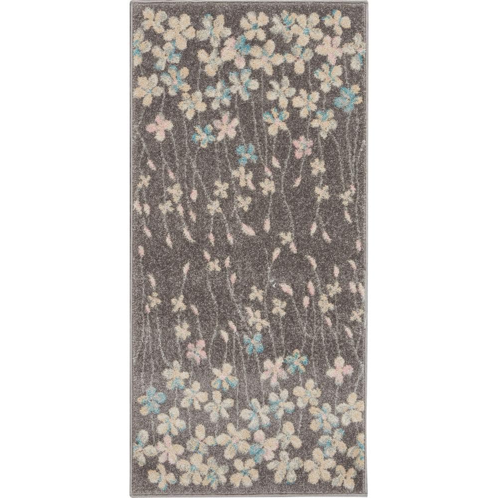 Handmade Floral Grey & Beige Viscose Blend Area Rug - 24"x5"