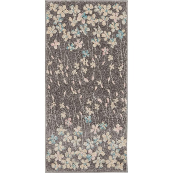 Nourison Tranquil Grey/Beige Doormat 2 ft. x 4 ft. Floral Modern Kitchen Area Rug