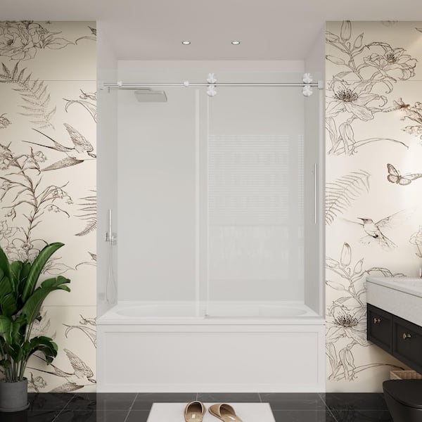 YINVANI 60 in. W x 66 in. H Single Sliding Frameless Bypass Bathroom Tub Door in Brushed Nickel with Easy-Clean 3/8 in. Glass