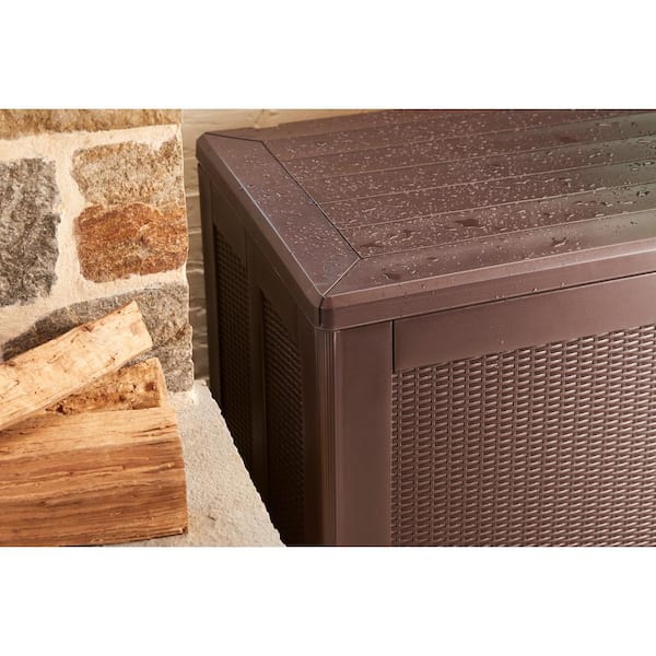 Rubbermaid Large Resin Weather Resistant Outdoor Deck Box, 4'8 L x 2'2 W  x 2'1 H, Sandstone, Storage for Garden/Pool Accessories/Cushions