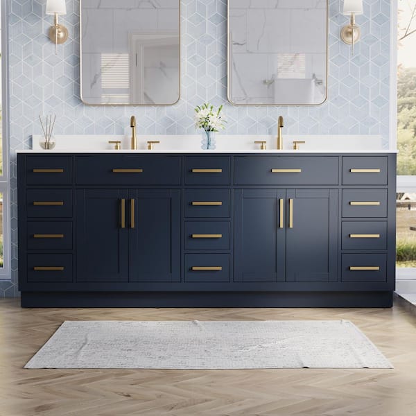 84 in. Double Sink Freestanding Solid Wood Bath Vanity in Navy Blue with White Cultured Marble Top, Soft-Close,Assembled