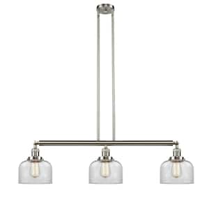 Bell 3 Light Brushed Satin Nickel Island Pendant Light with Clear Glass Shade