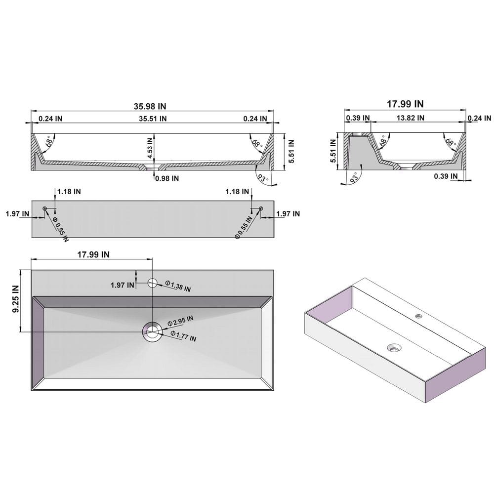 36 in. x 18 in. x 5.51 in. Rectangular Solid Surface Wall-Mounted Bathroom Sink with Faucet Hole in White price history on PriceWatchPro