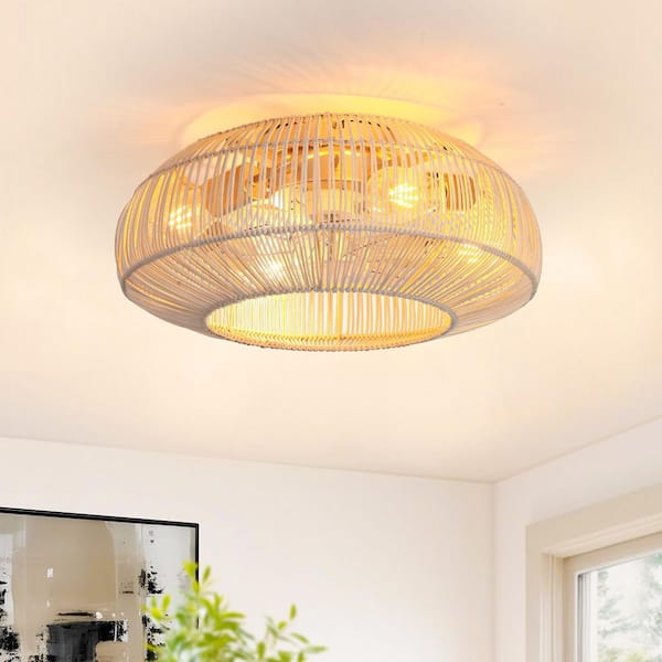 IHOMEadore 19.7 in. Indoor Gold Woven Rattan Flush Mount Caged Ceiling Fan with Light Kit and Remote Control