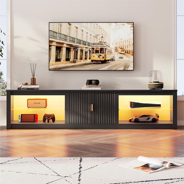 80 in. Fluted Glossy Black TV Stand Fits TV Up to 85 in. LED Entertainment Center with Cabinet & Adjustable Shelf