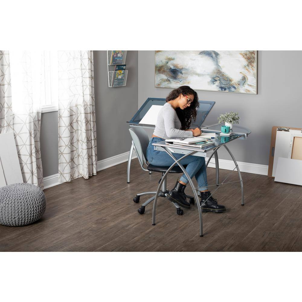 Futura L-Shaped Silver and Blue Glass Drafting Desk