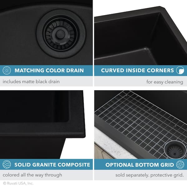 Ruvati - EpiGranite 32 in. Undermount Single Bowl Kitchen Sink in Midnight Black Granite Quartz Composite with Offset Drain