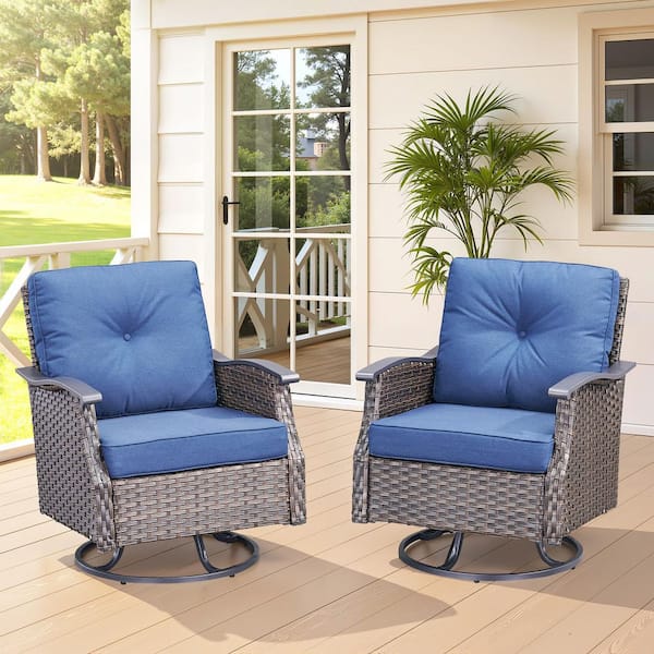 Buenaola Nyajiah Dark Brown Swivel Wicker Outdoor Lounge Chair with Blue Cushions (2-Pack)