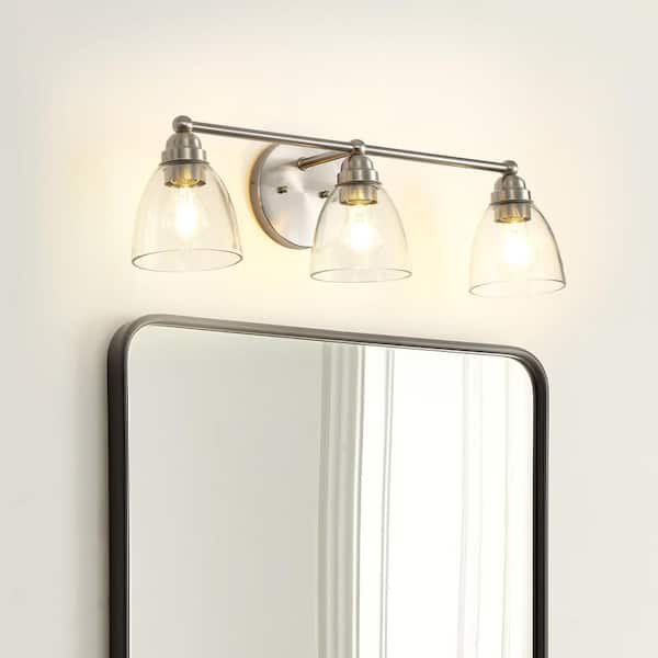 26 in. 3-Light Brushed Nickel Bathroom Vanity Light with Clear Glass Shades for Bathroom Mirror Wall Sconce