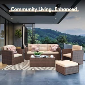 Grey 7-Piece All-Weather Wicker Rattan Outdoor Dining Set with Blue Cushions, 3-Ottoman Chairs for Garden, Poolside