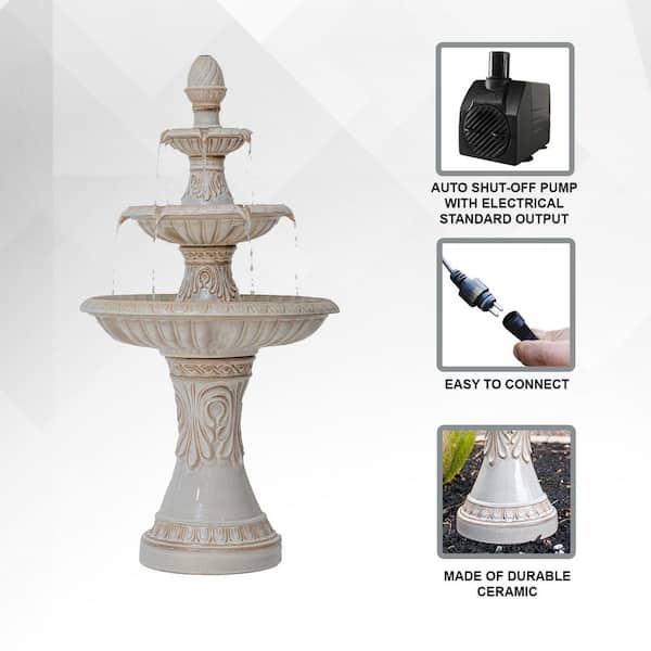 47 in. H Freestanding Garden 3-Tiered Outdoor Waterfall Fountain w/Leaf Details, Ceramic, Beige