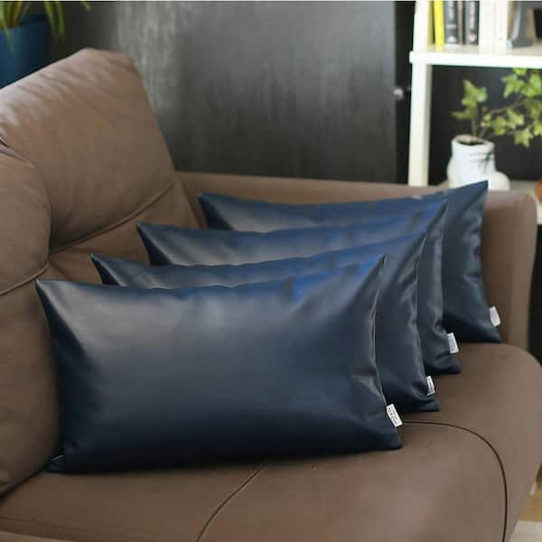 MIKE & Co. NEW YORK Bohemian Handmade Vegan Faux Leather Navy Blue Set of 4 12 in. x 20 in. Lumbar Solid Throw Pillow
