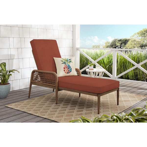 Hampton Bay Coral Vista Brown Wicker Outdoor Patio Chaise Lounge with CushionGuard Quarry Red Cushions