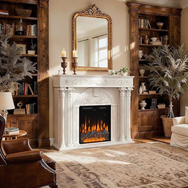 Homsee 55.1 in. Freestanding Wood Electric Fireplace in White with LED 12-Color Heater Insert, Remote Control, Timer