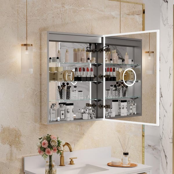 24 in.W x 30 in. H Rectangular Recessed/Surface Mount LED Medicine Cabinet with Mirror Defogger,3X Magnifier Right Hinge