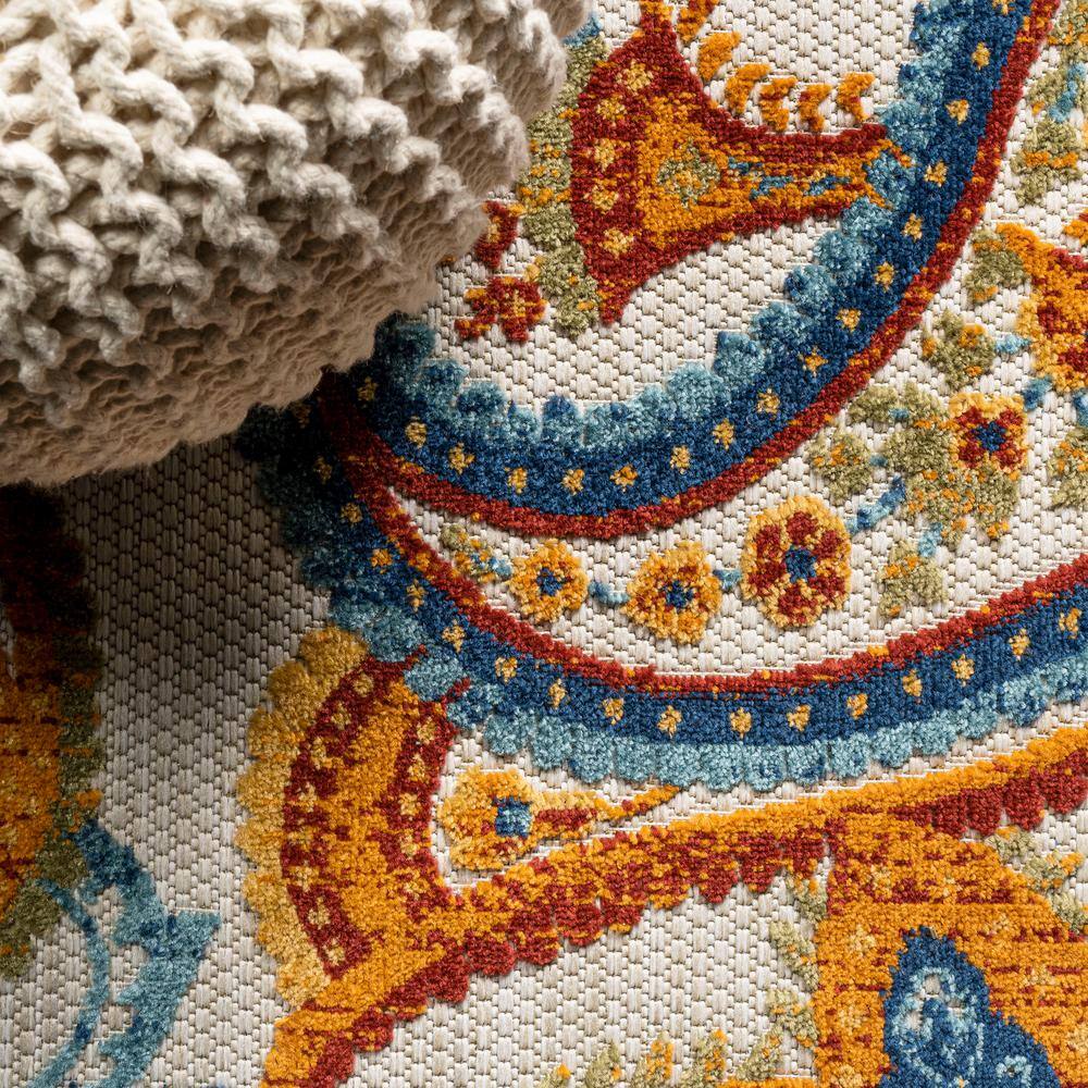 Paisley High-Low Orange and Multicolor Synthetic Runner Rug