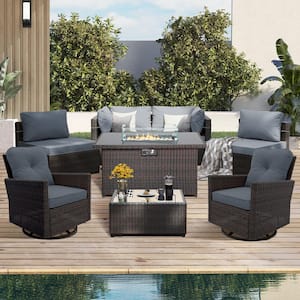 8-Piece Wicker Patio Firepit Conversation Set Outdoor Seating Set with Swivel Chairs and Gray Cushions