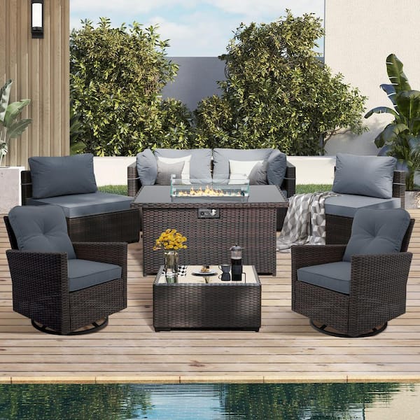 UPHA 8-Piece Wicker Patio Firepit Conversation Set Outdoor Seating Set with Swivel Chairs and Gray Cushions