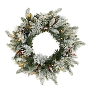 20 in. Pre-Lit Flocked Mixed Pine Artificial Christmas Wreath with 50 LED Lights, Pine Cones and Berries