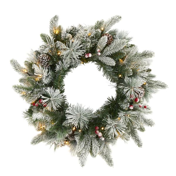Nearly Natural 20 in. Pre-Lit Flocked Mixed Pine Artificial Christmas Wreath with 50 LED Lights, Pine Cones and Berries