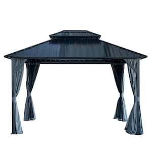 10 ft. x 12 ft. Outdoor Black Aluminum Hardtop Gazebo with Iron Aluminum Double Roof with Curtain and Netting