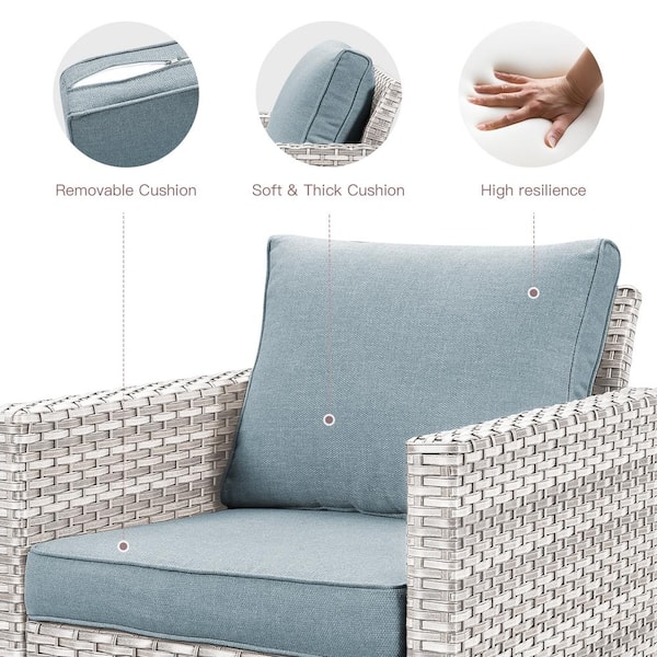 3-Piece LightBeige Wicker Patio Conversation Deep Seating Set with BabyBlue Cushions Rocking Chairs