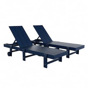 Shoreside 2-Piece Modern HDPE Fade Resistant Portable Reclining Chaise Lounge Chairs With Wheels in Navy Blue