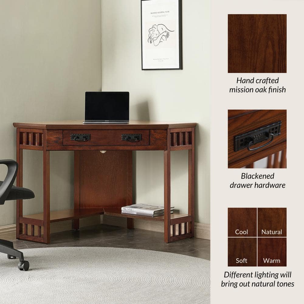 Mission Oak Corner Desk with Drawer and Keyboard Tray