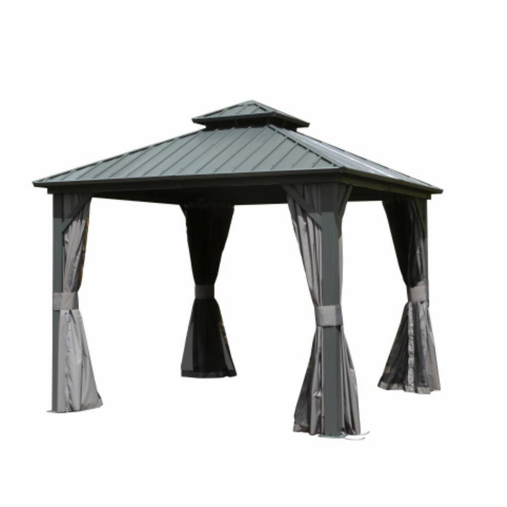 8 ft. x 8 ft. Grey Hardtop Gazebo, Aluminum Metal Gazebo with Galvanized St