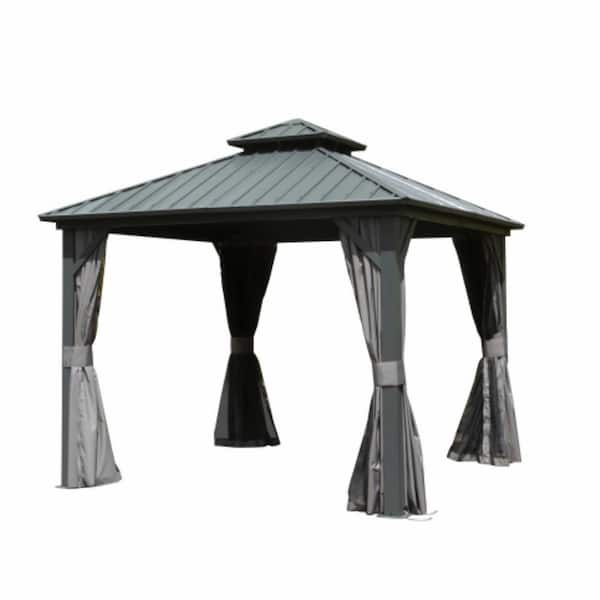 8 ft. x 8 ft. Grey Hardtop Gazebo, Aluminum Metal Gazebo with Galvanized Steel Double Roof Canopy, Curtain and Netting