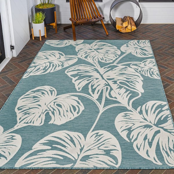 Tobago High-Low Two-Tone Monstera Leaf Indoor/Outdoor Area Rug Blue/Ivory / Rectangle / 7'-9" x 10'