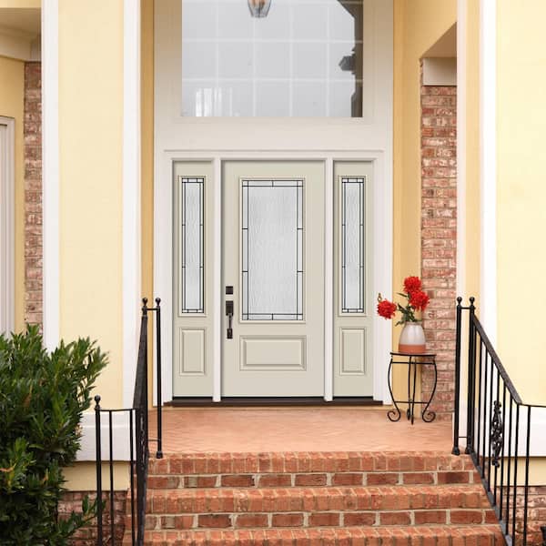 60 in. x 80 in. Right-Hand 3/4 Lite Decorative Glass Wendover Primed Fiberglass Prehung Front Door with Sidelites