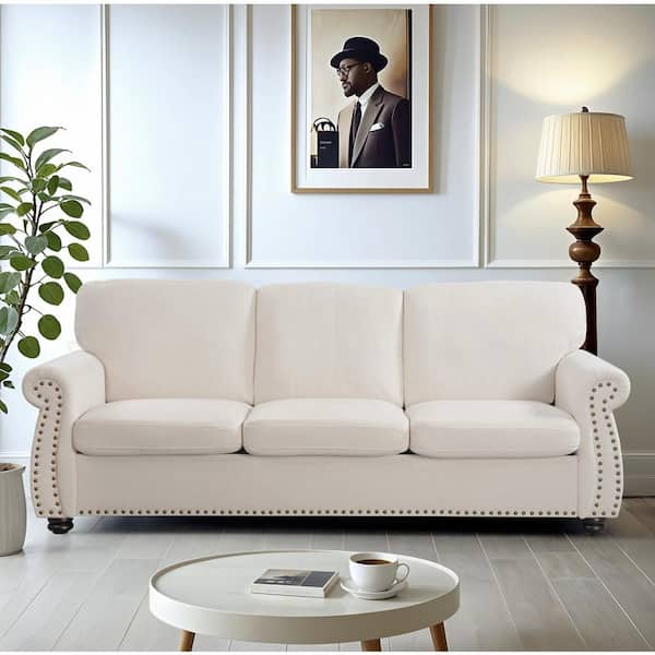 US Pride Furniture Chester 91 in.  Wide Rolled Arm Velvet Modern Rectangle Sofa in.  Ivory