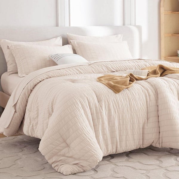 Seersucker All Seasons 7 Pieces Beige King Comforter Set Soft Microfiber Bed in a Bag