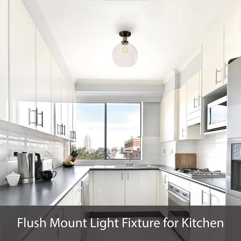 15" Black Flush Mount with Frosted Glass Shade
