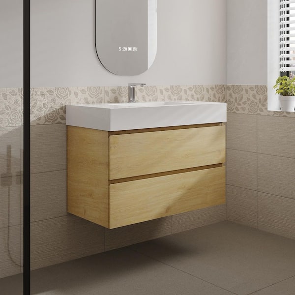 Aaby 36 in. W x 18 in. D x 25 in. H Wall Mounted Floating Bath Vanity Cabinet in Oak with Solid Surface Top and Sink