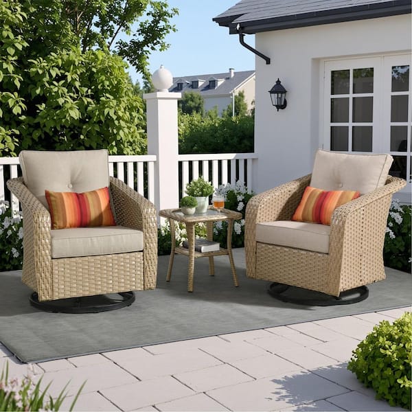 Violet 3-Piece Wicker Outdoor Patio Conversation Swivel Rocking Chair Seating Set with Beige Cushions