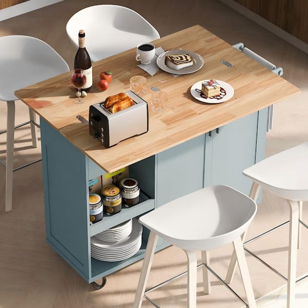 Malwee Blue Grey Rubber Wood Top 49.02 in. Kitchen Island with Foldable Counter Top, Slide-Out Shelf and Drawer