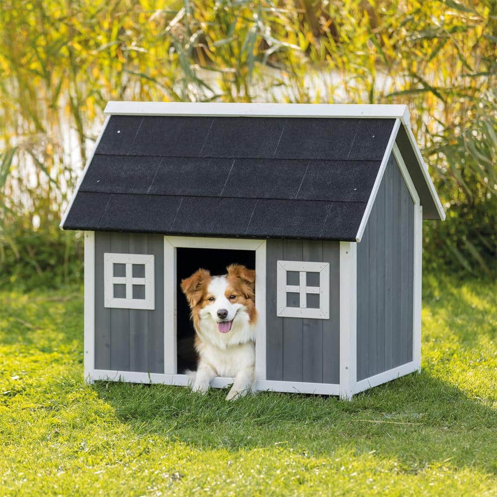 Gray and White Wooden Barn Style Dog House with Raised Floor