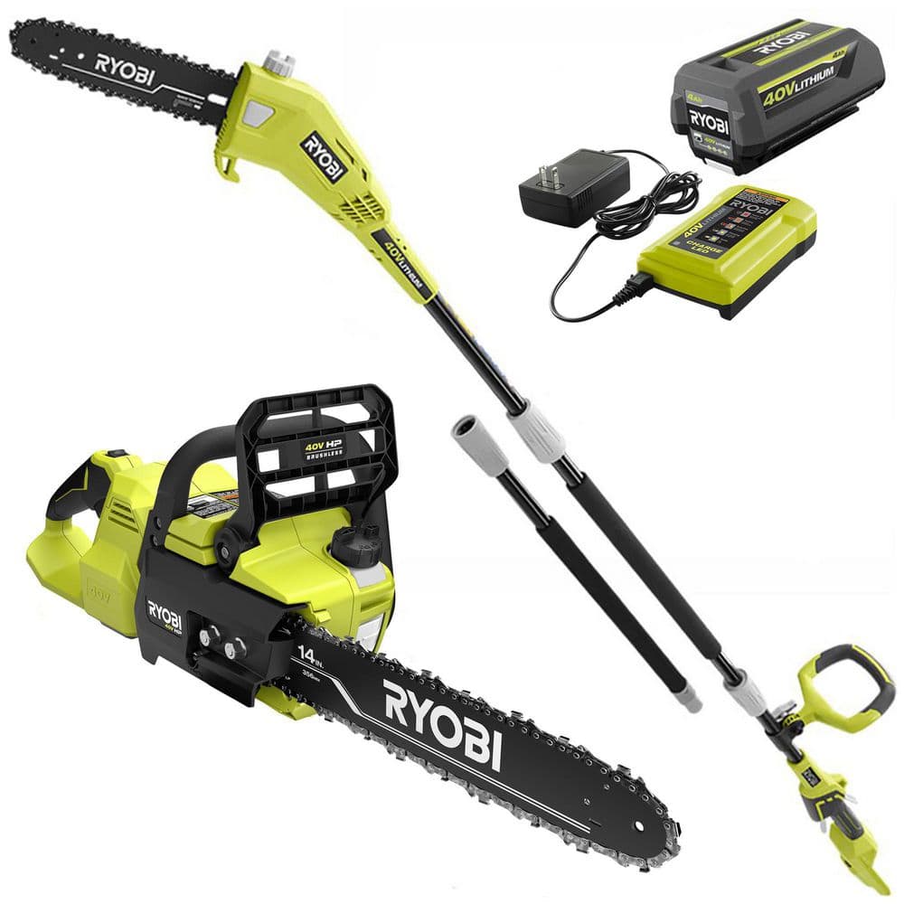 RYOBI 40V HP Brushless 14 in. Battery Chainsaw and 10 in. Battery Pole Saw with 4.0 Ah Battery and Charger RY405100-RY40506BTL