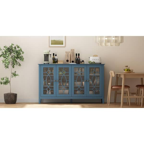 FUFU&GAGA Blue Wood Storage Cabinet TV Console with 4-Glass Doors