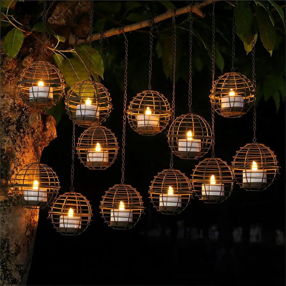 ROTTOGOON 12-Pack Black Solar Hanging Lanterns,Outdoor Waterproof Rust Iron Ball,Flickering Tea Lights for Patio Garden Decor